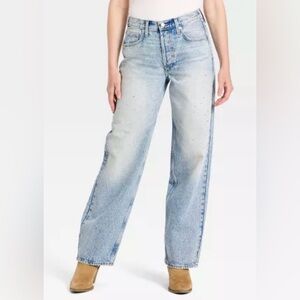 Women’s Mid Rise 90’s Baggy Denim Rhinestone Jeans - Light Wash